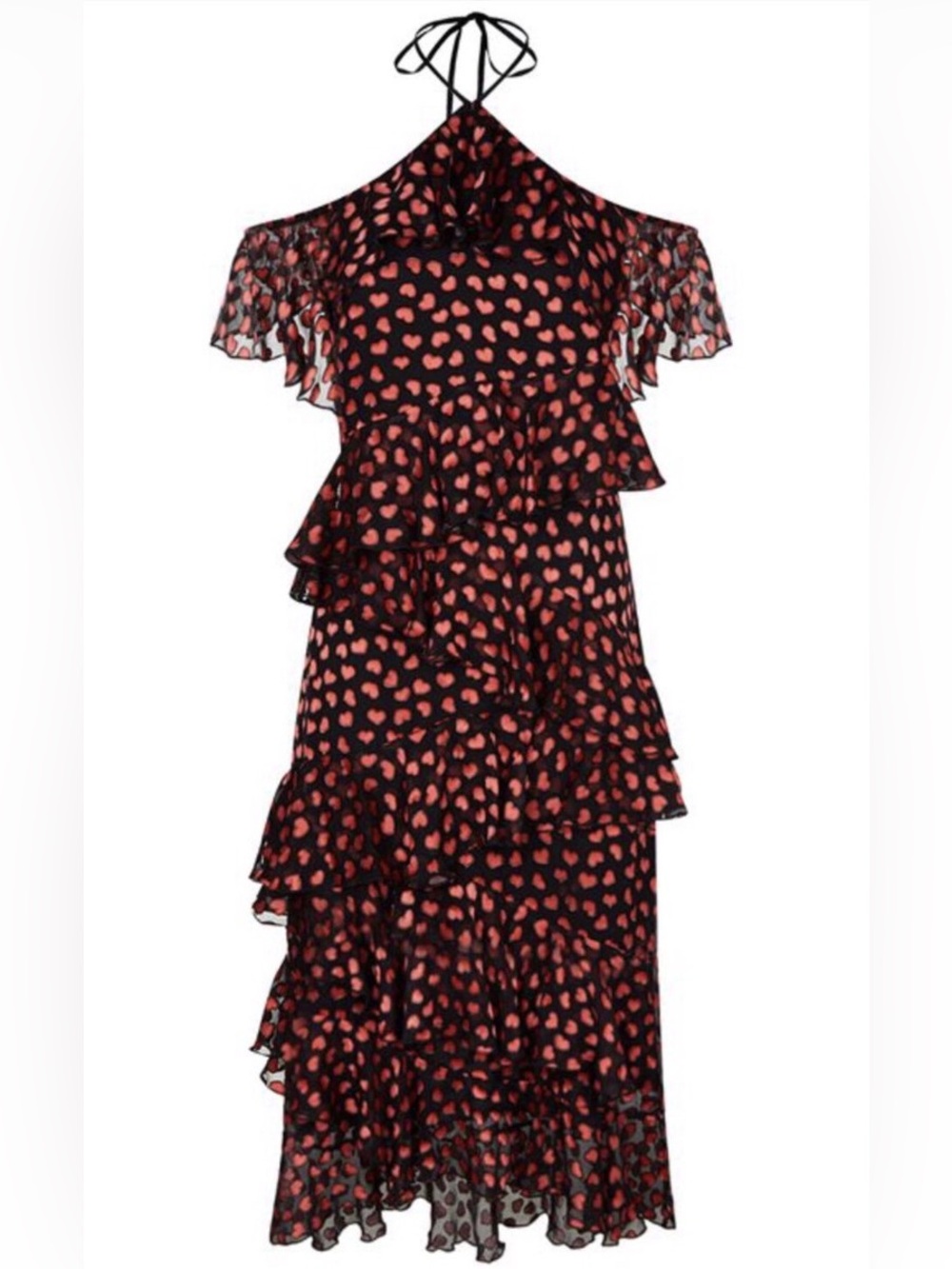 Alice + Olivia Annabeth Heart Print Silk Ruffle Midi Dress Black Red Size 0